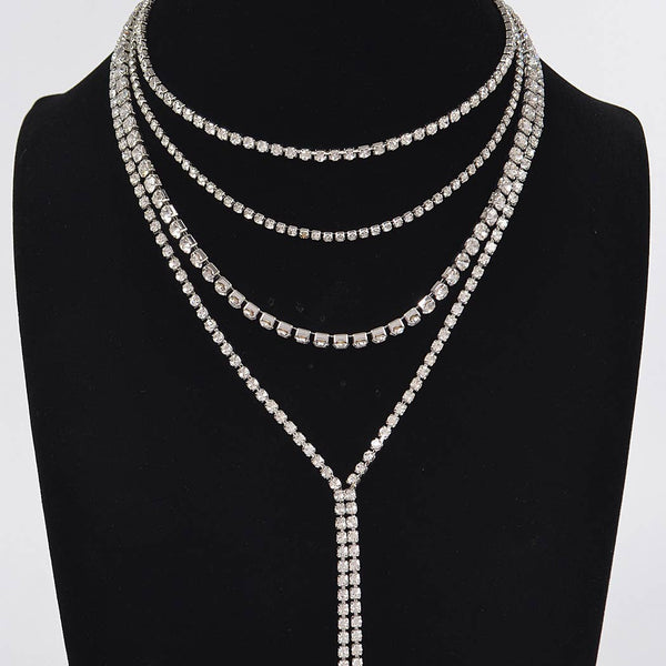 Silver Multi-Layered Rhinestone Y-Drop Necklace