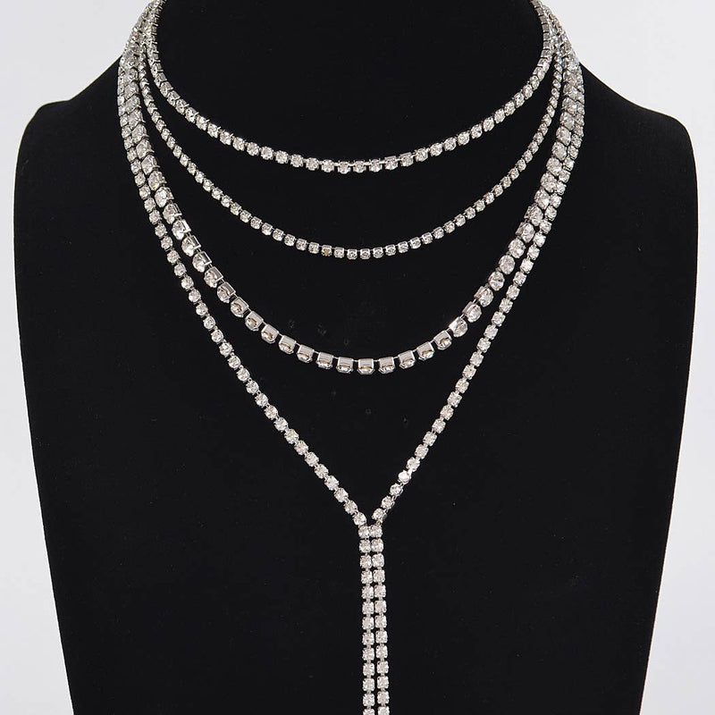 Silver Multi-Layered Rhinestone Y-Drop Necklace