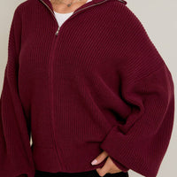 Burgundy Oversized Zip Up Sweater