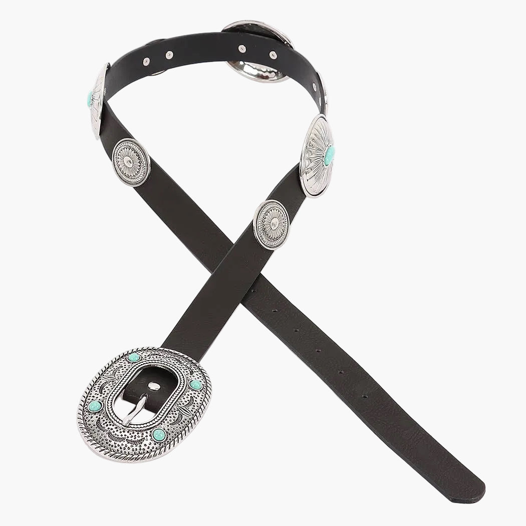 Silver Turquoise Accent Faux Leather Multi Metal Belt