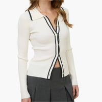 Ivory Collared Contrast Knit Cardigan