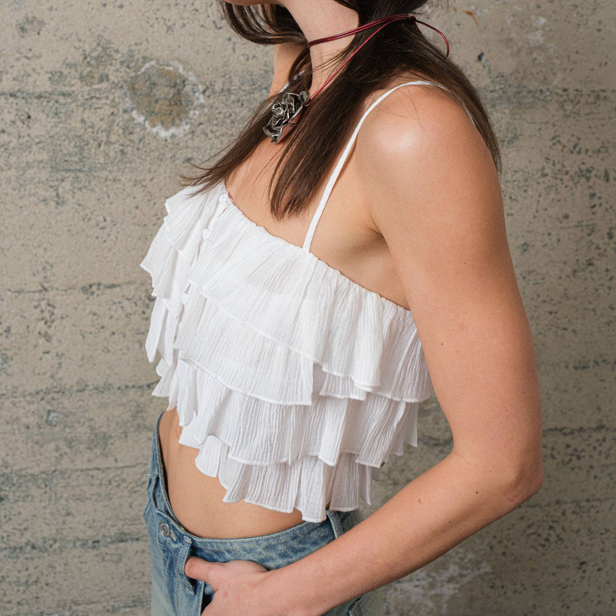 White Ruffle Tank Top