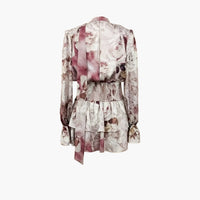 Mauve Spring Floral Satin Tiered Mini Dress