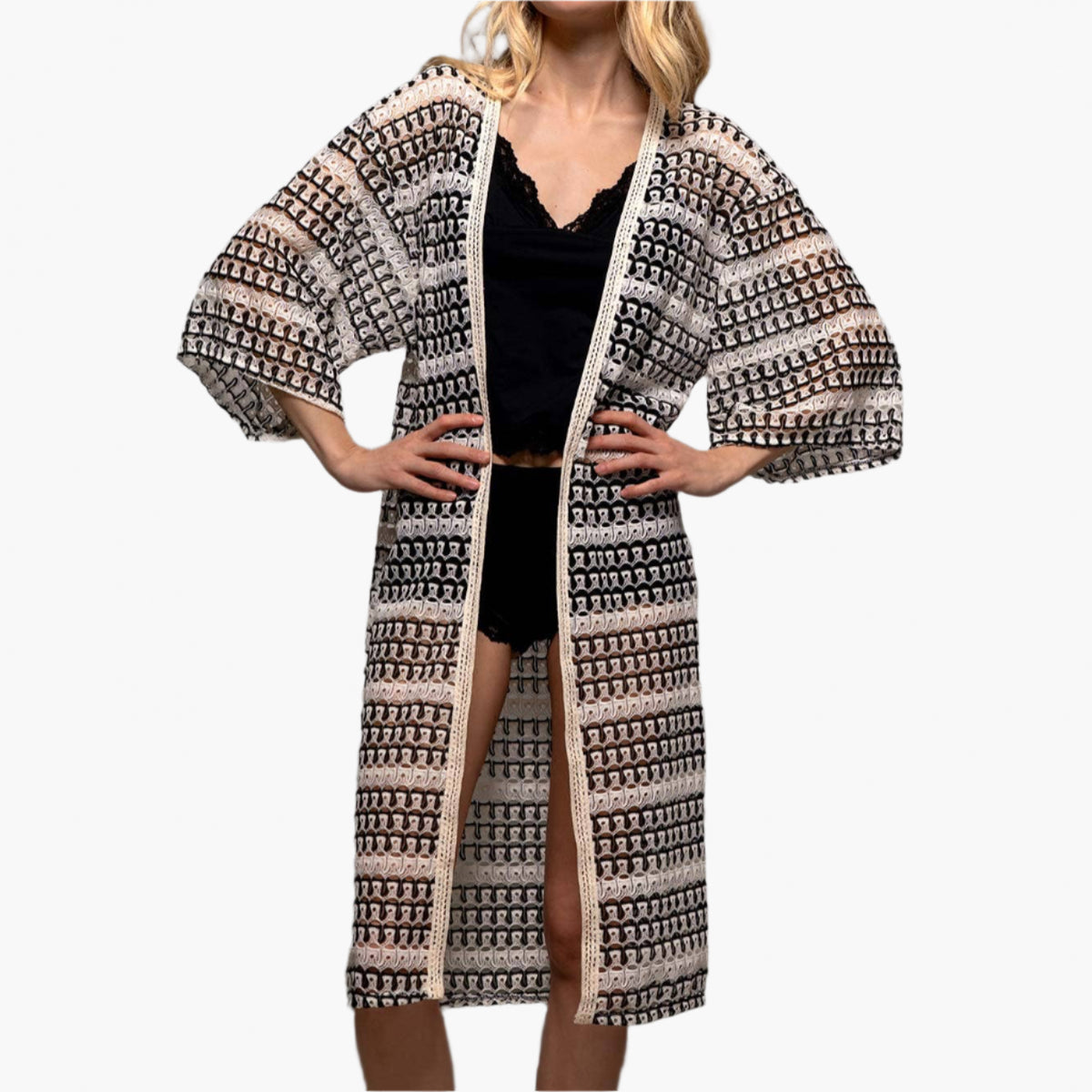 Geometric Crochet Kimono Sleeve Midi Cardigan