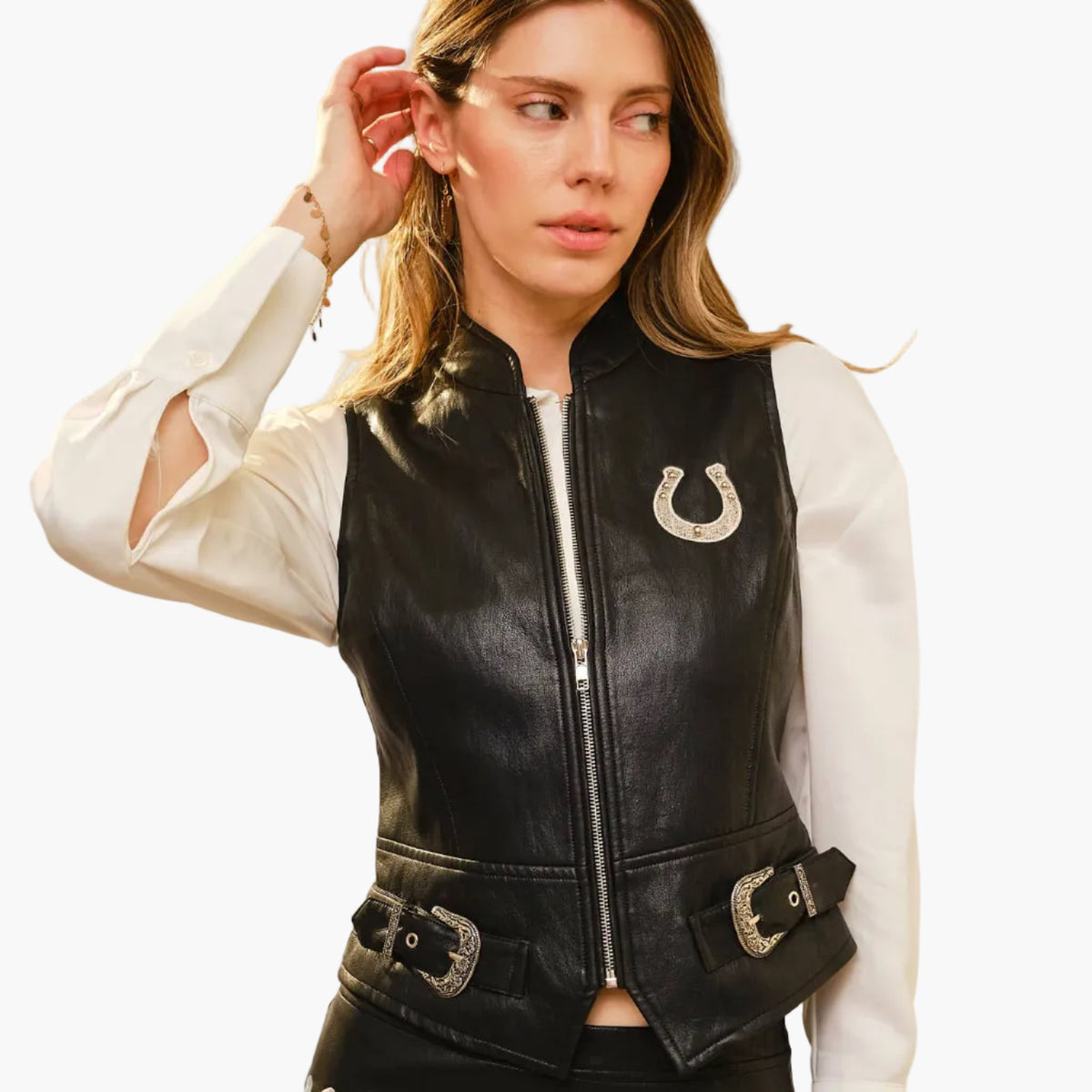 Black Faux Leather Western Buckle Zip Vest