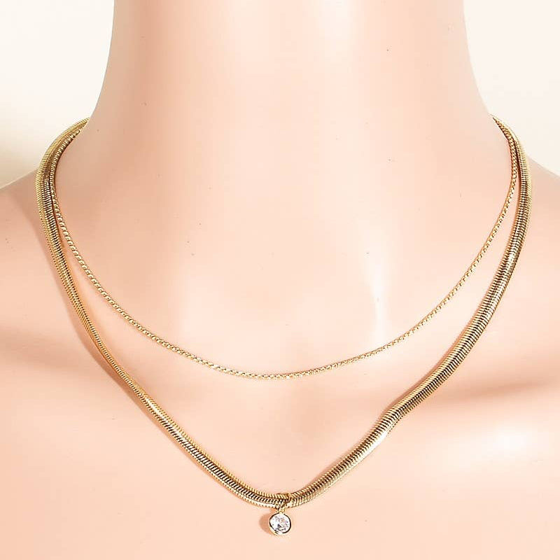 Gold Round Cz Pendant Layered Chains Necklace