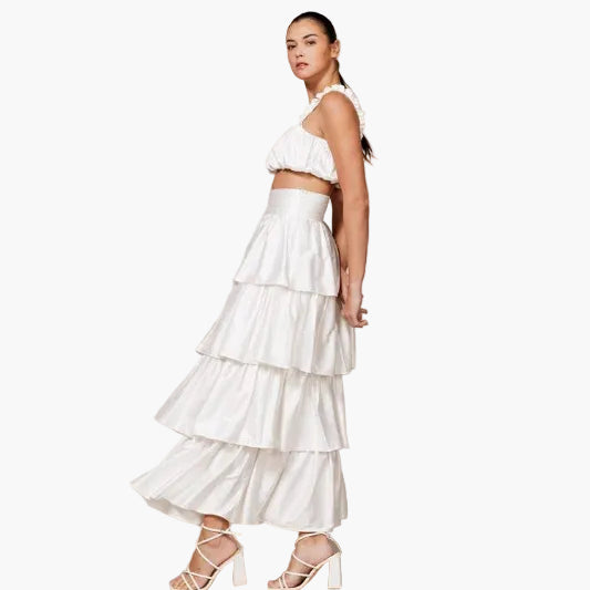 High Waisted Satin Tiered Maxi Skirt