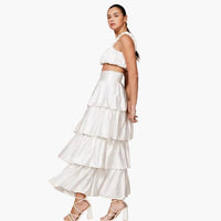High Waisted Satin Tiered Maxi Skirt