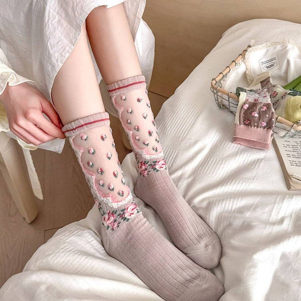 Vintage Floral Pattern Sheer Socks