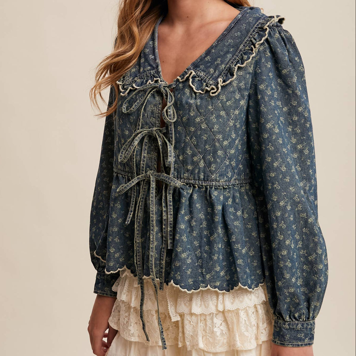Ruffle Collar Tie-Front Denim Blouse