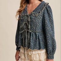 Ruffle Collar Tie-Front Denim Blouse