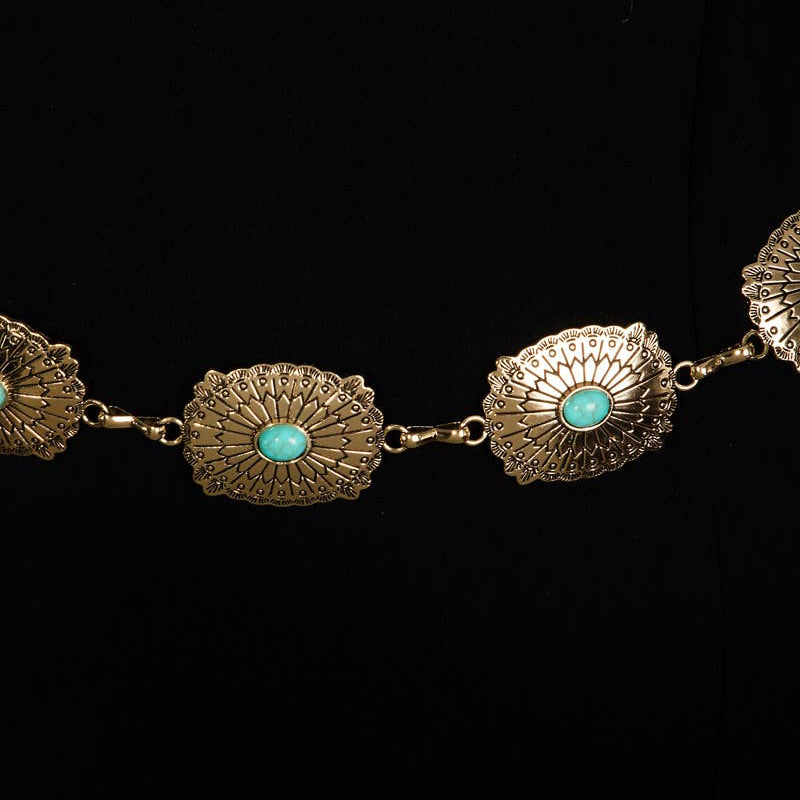 Turquoise Studded Medallion Gold Oval Chain Belt