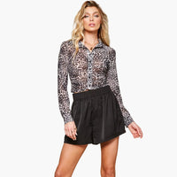 Leopard Print Mesh Ruched Button-Down Collared Top