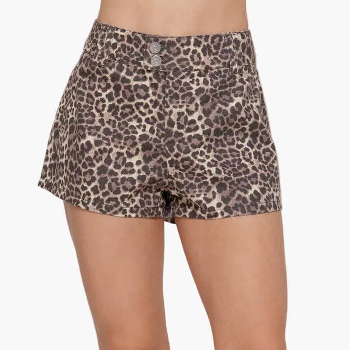 Leopard Printed Cotton Twill Shorts