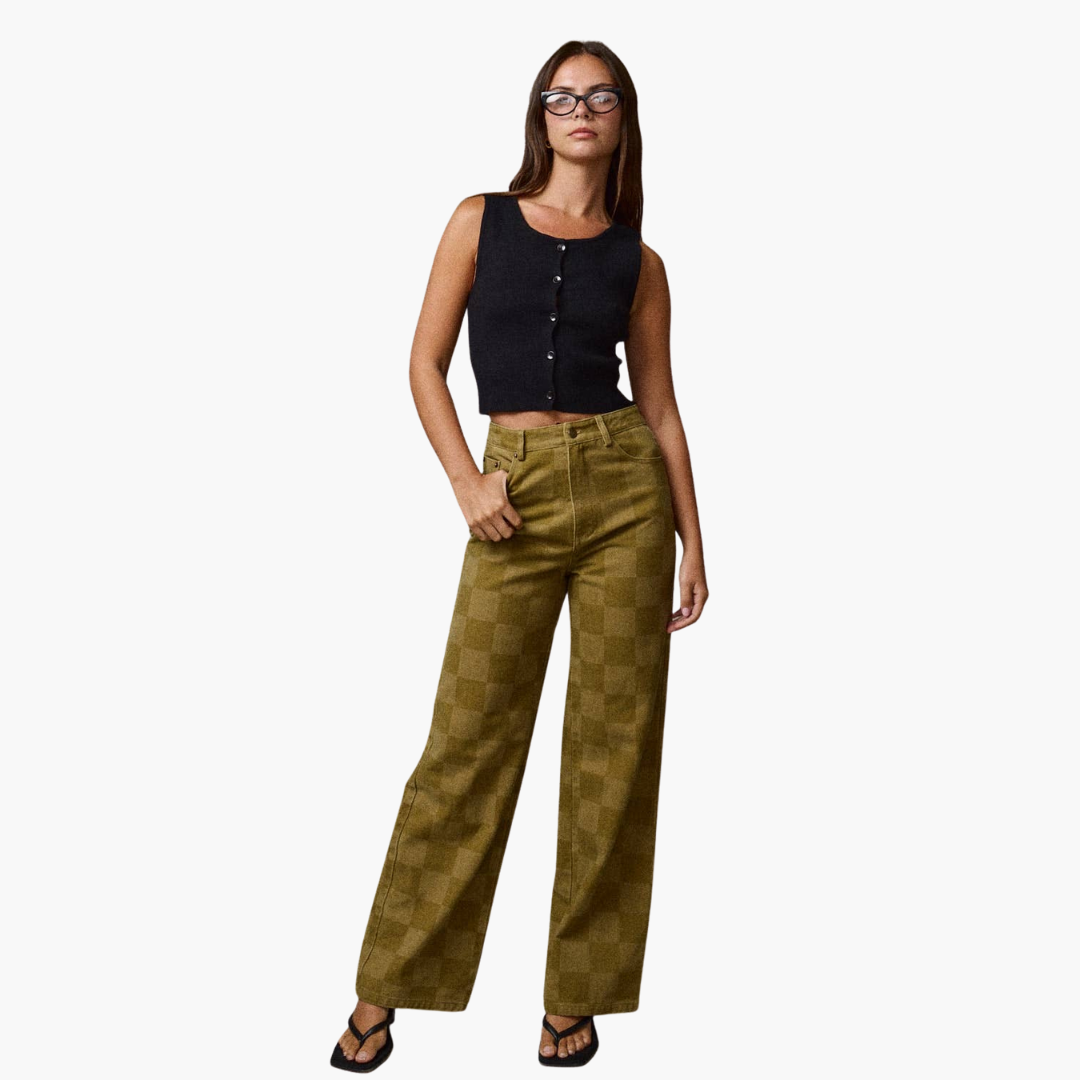 Olive Checkered Wide Leg Jeans