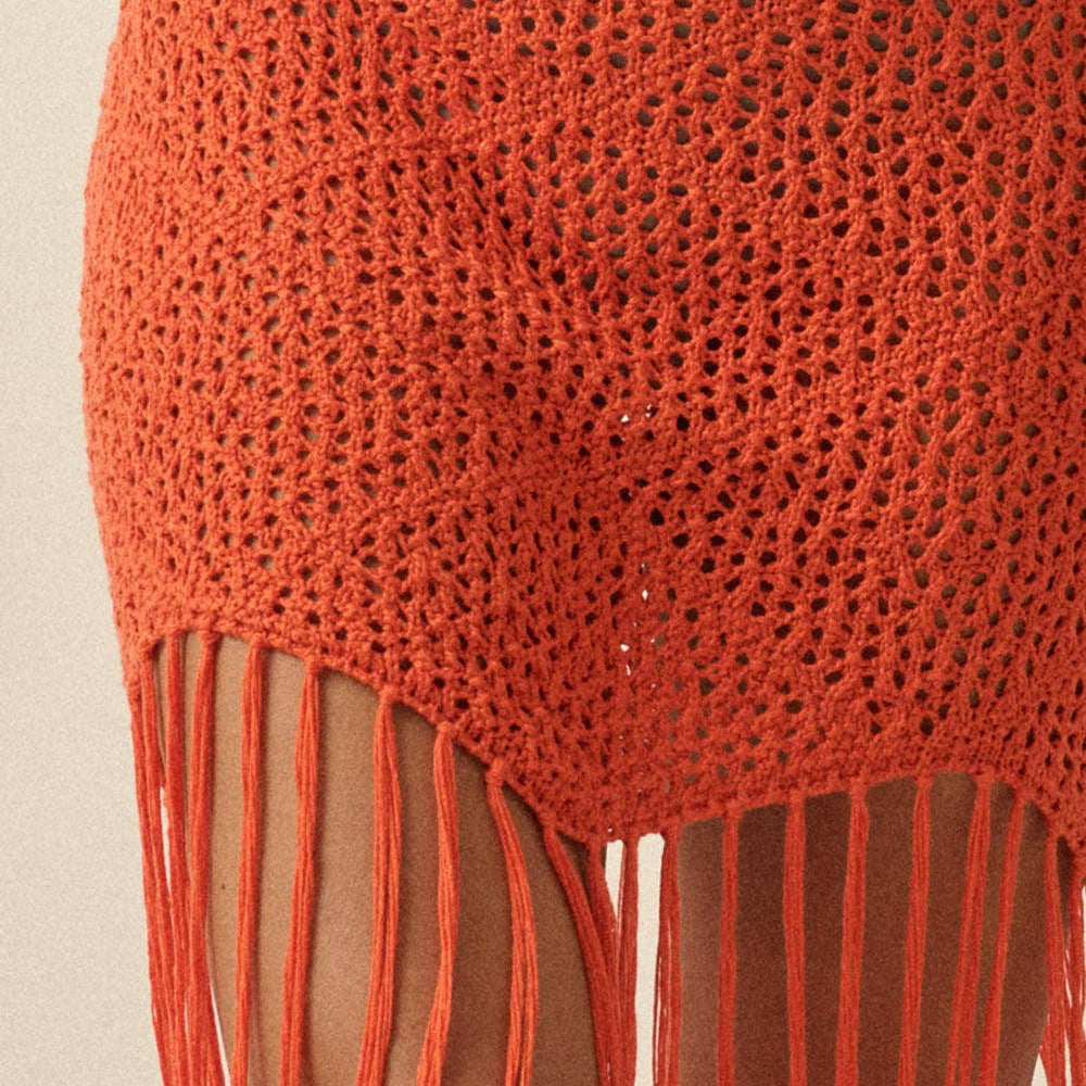 Crochet Open-Knit Tassel Fringe Maxi Skirt