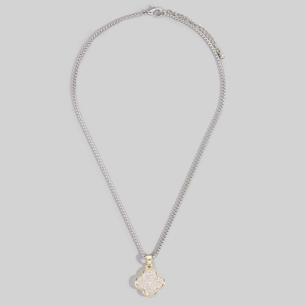 Gold Dipped Two Tone Pave Clover Pendant Necklace