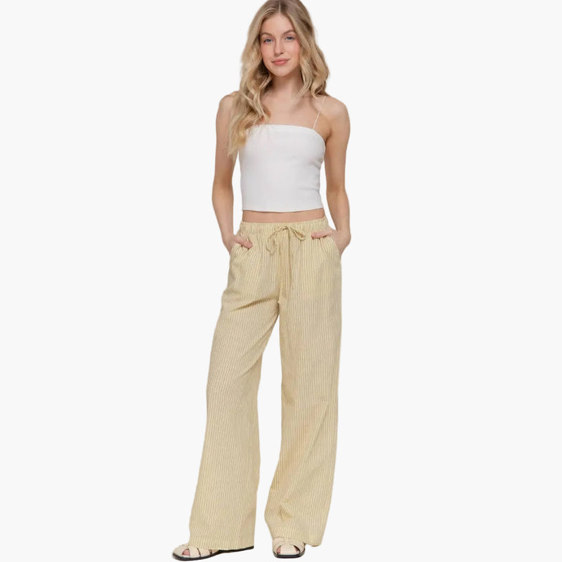 Cotton Elastic Waist Stripe Gauze Long Pants