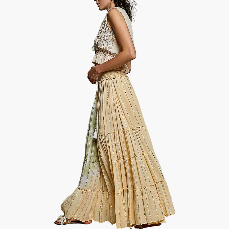 Smocked Waist Tassel Maxi Skirt