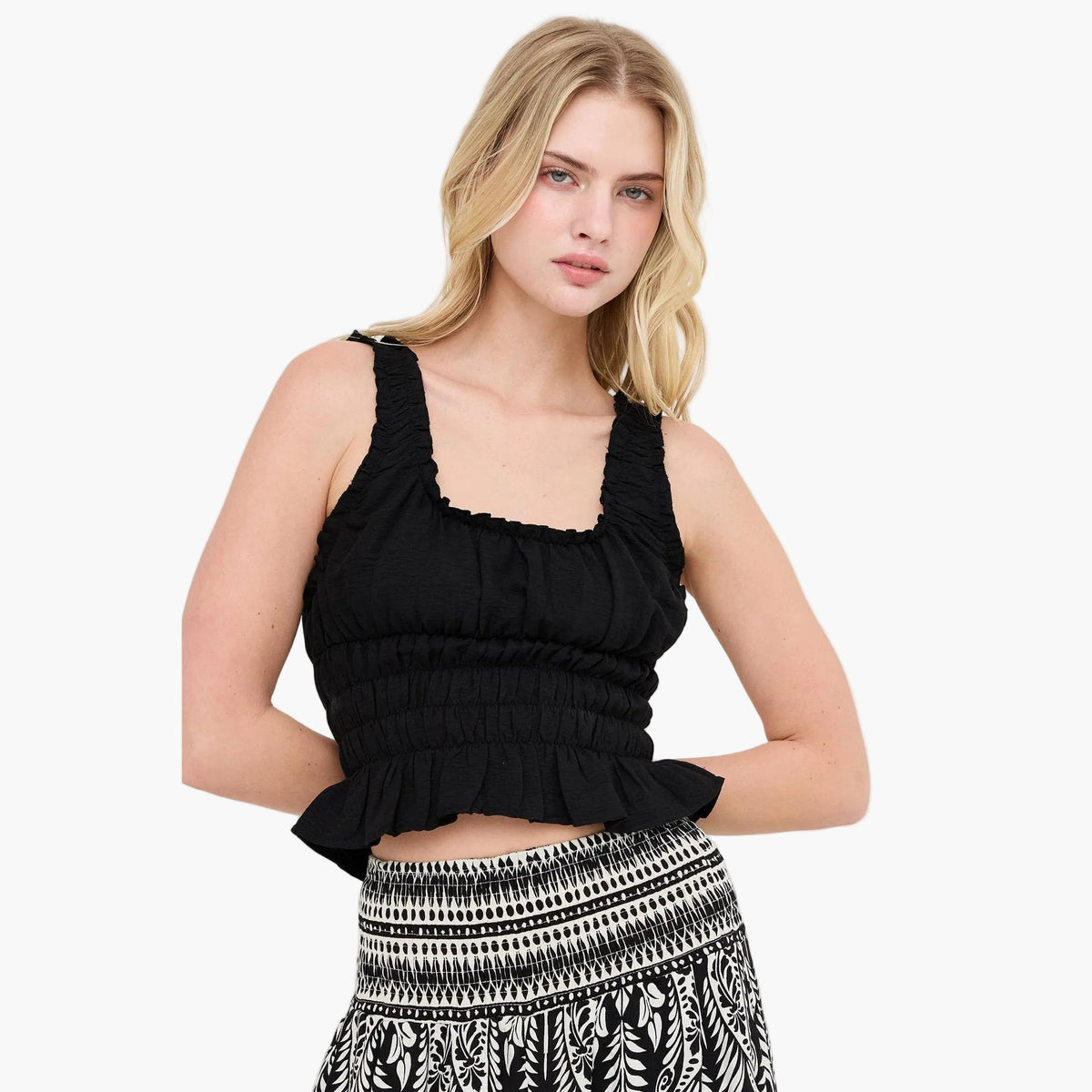 Ruched Square Neck Smocked Top