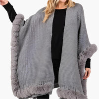 Faux Fur Trim Poncho Cape