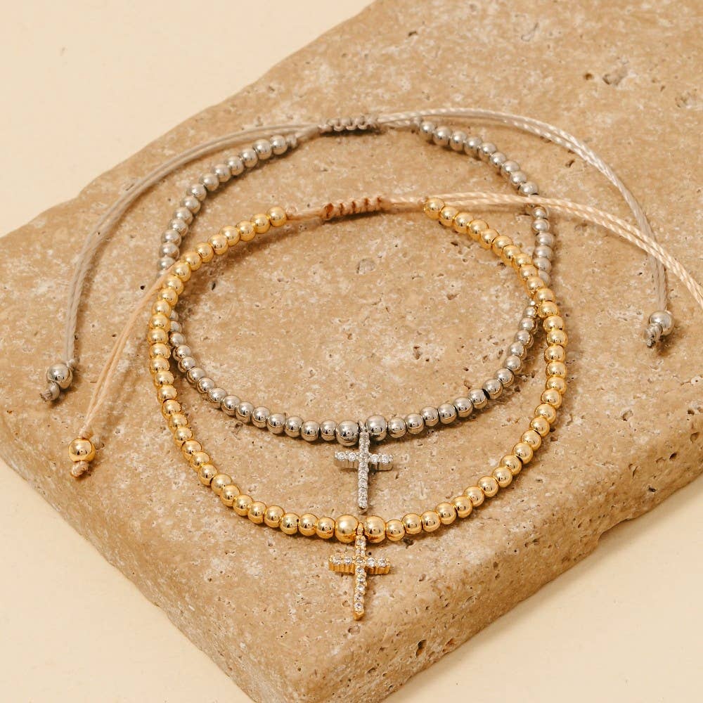 Cz Pave Cross Charm Beaded Cord Bracelet