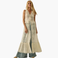 Floral Lace Ruffled Tie-Front Sleeveless Maxi Top