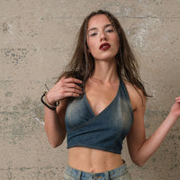 Vintage Wash Denim Halter Neck Top