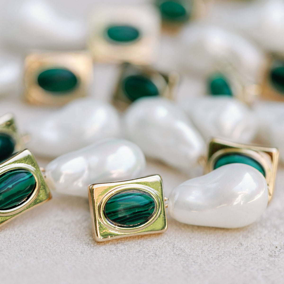 Vintage Square Malachite and Natural Pearl Drop Earrings