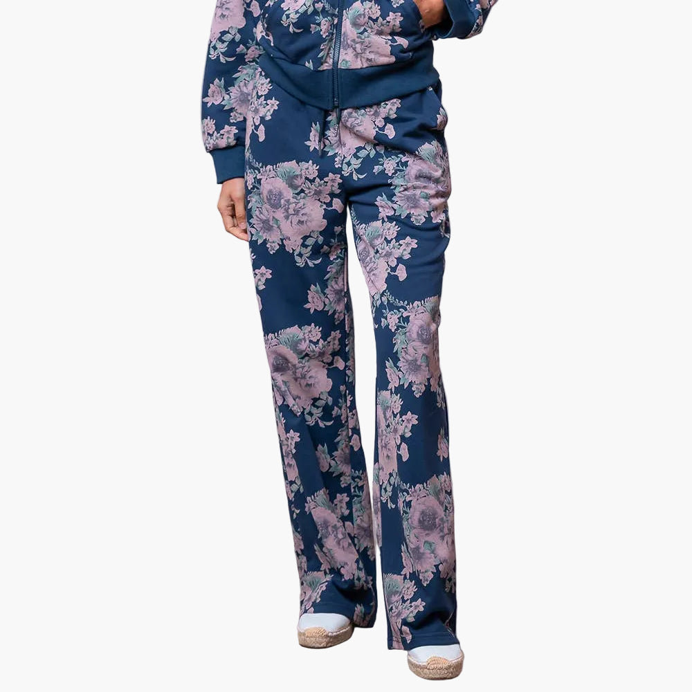 Navy Flower Printed Jersey Pants