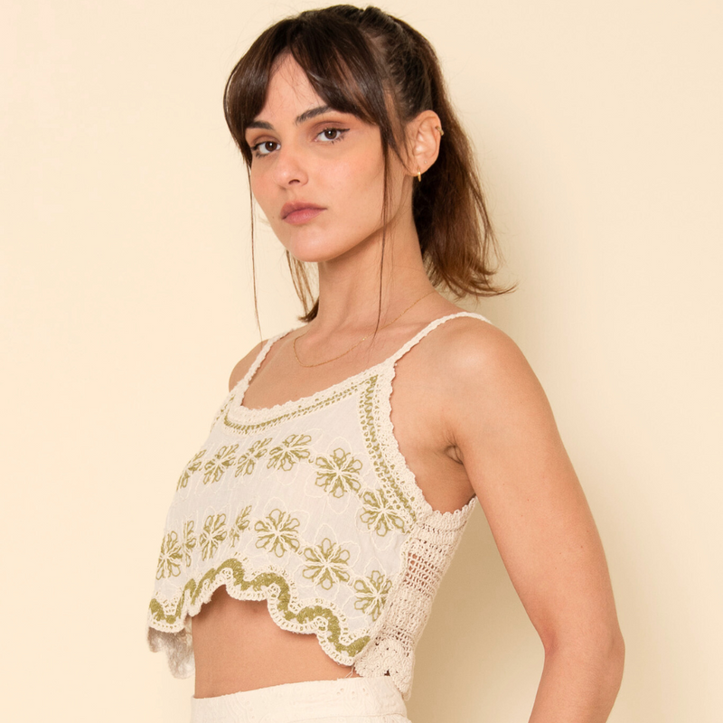 Cream Lace Knit Floral Crop Top