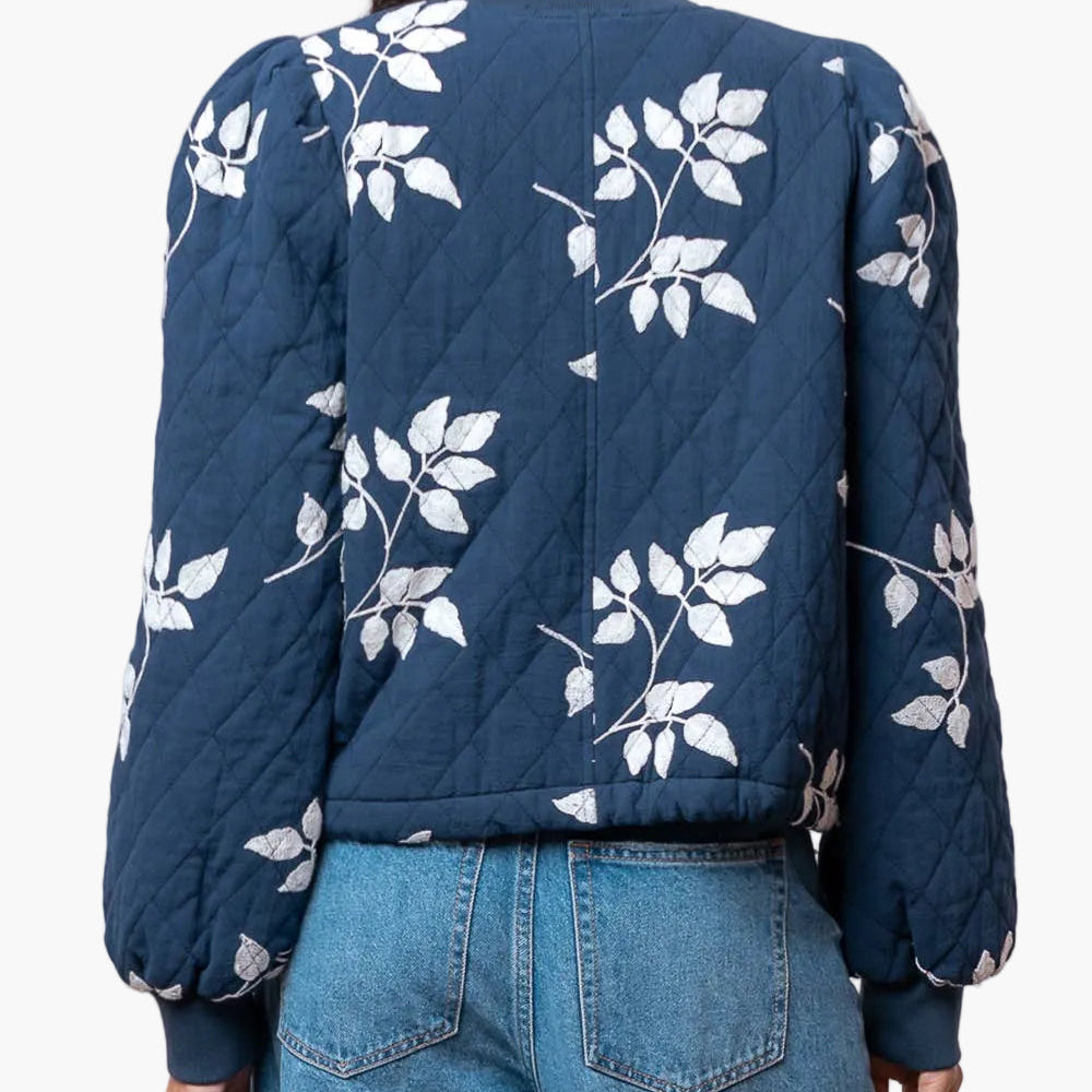 Navy Leaf Embroidered Quilted Jacket