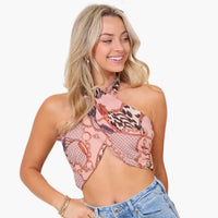 Scarf Print Halter Twist Crop Top