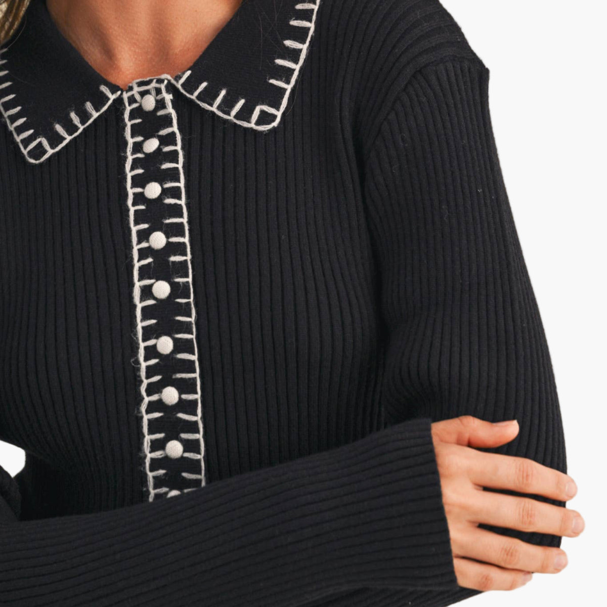 Black Collard Contrast Stitch Sweater