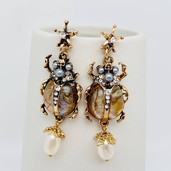 Vintage Insect Pearl Pendant Earrings