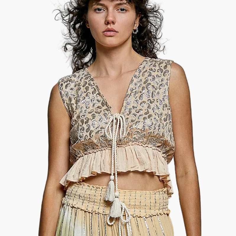 Front Tie Sleeveless Tassel Boho Top