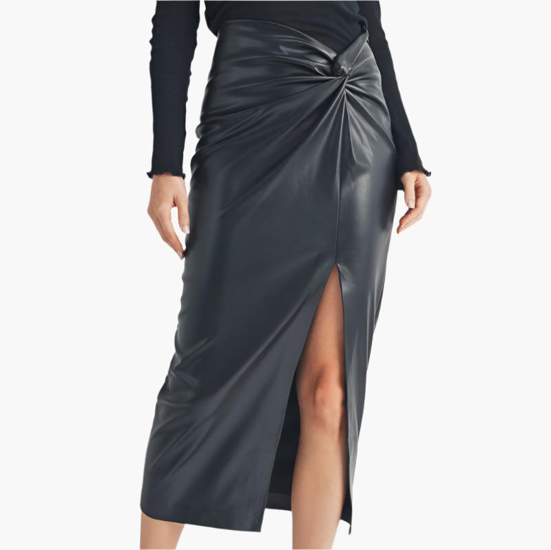 Twist Waist Faux Leather Midi Skirt