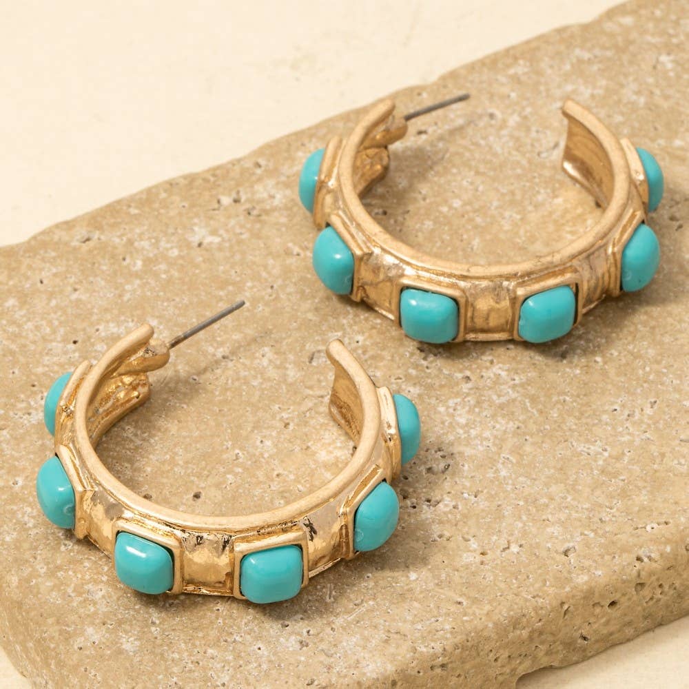 Square Turquoise Stone Hoop Earrings
