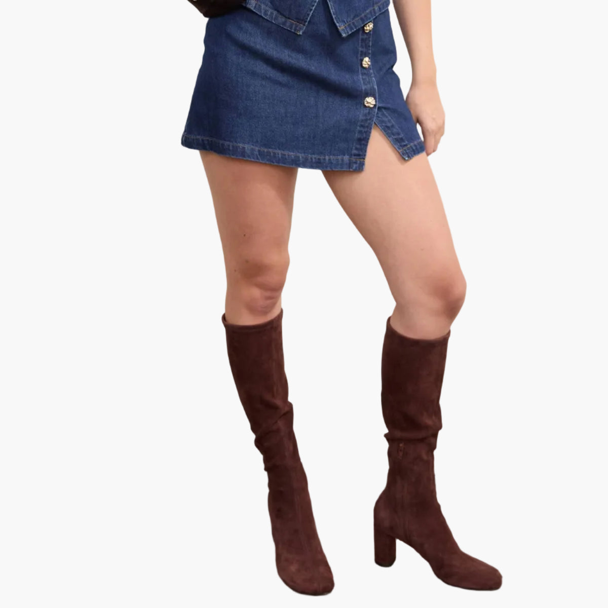 Gold Button Side Slit Denim Skort