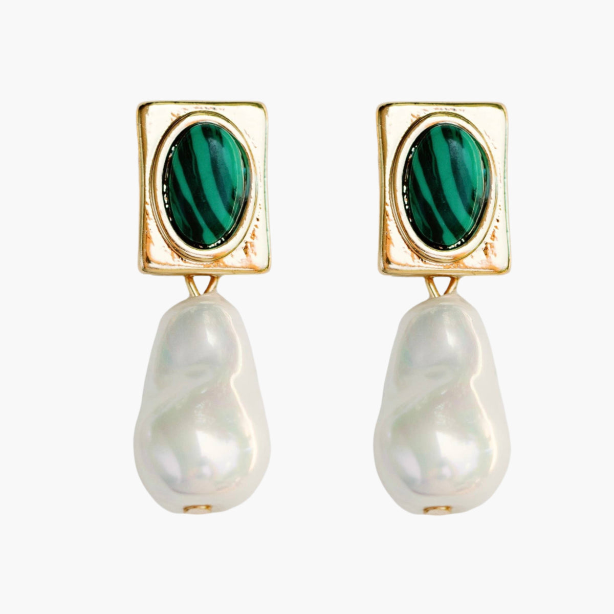 Vintage Square Malachite and Natural Pearl Drop Earrings