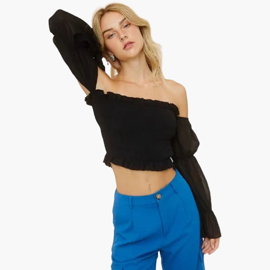 Smocked Off Shoulder Blouse with Tiered Sleeves