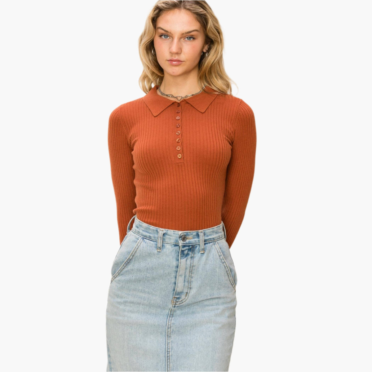 Clay Collared Ribbed Long Sleeve Top