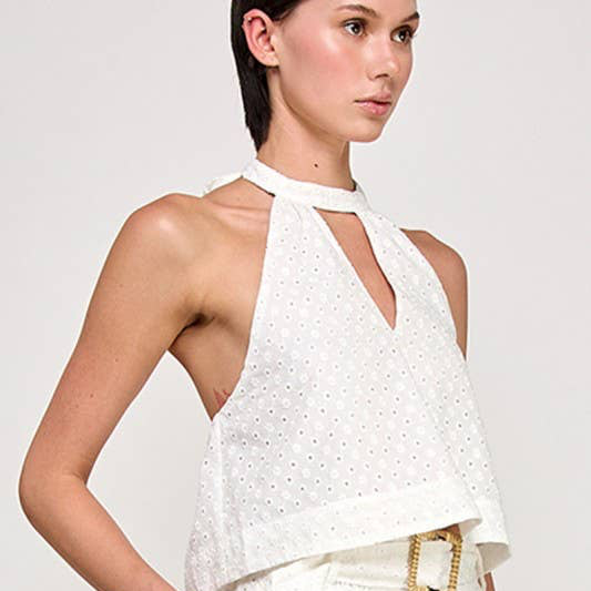 Eyelet Cotton Halter Tie-Back Top