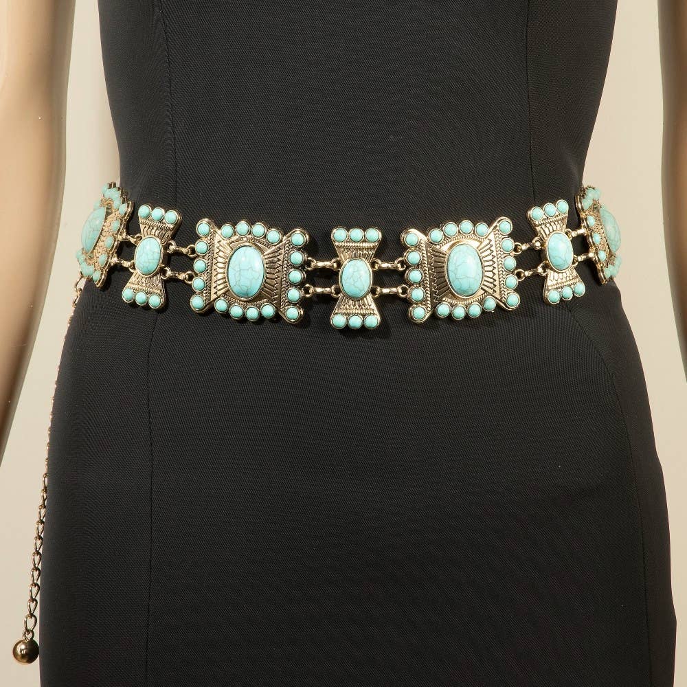 Gold Turquoise Stone Western Concho Chain Belt