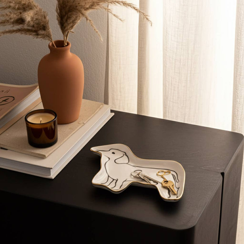 Trinket Tray - White/Black Ceramic Wiener Dog, 6 in.