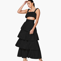 High Waisted Satin Tiered Maxi Skirt