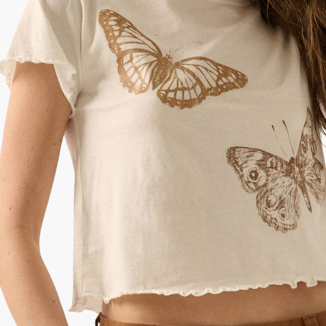 Butterflies Cropped Lettuce-Edge Graphic Baby Tee