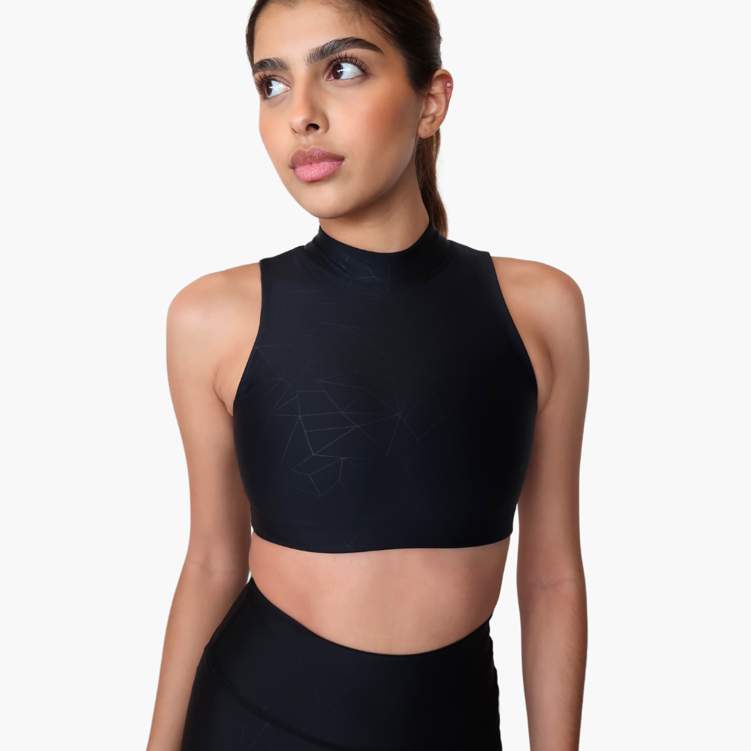 Maria Mock Neck Sports Bra in Geometric Embossed Nylon