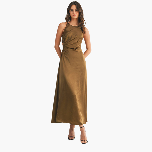 Smoke Olive Cut Out Satin Dress