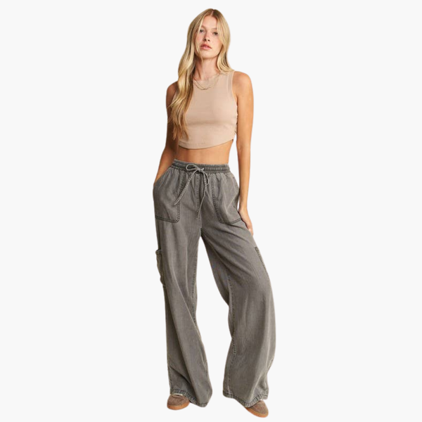 Charcoal Mineral Wash Tercel Wide Leg Pants